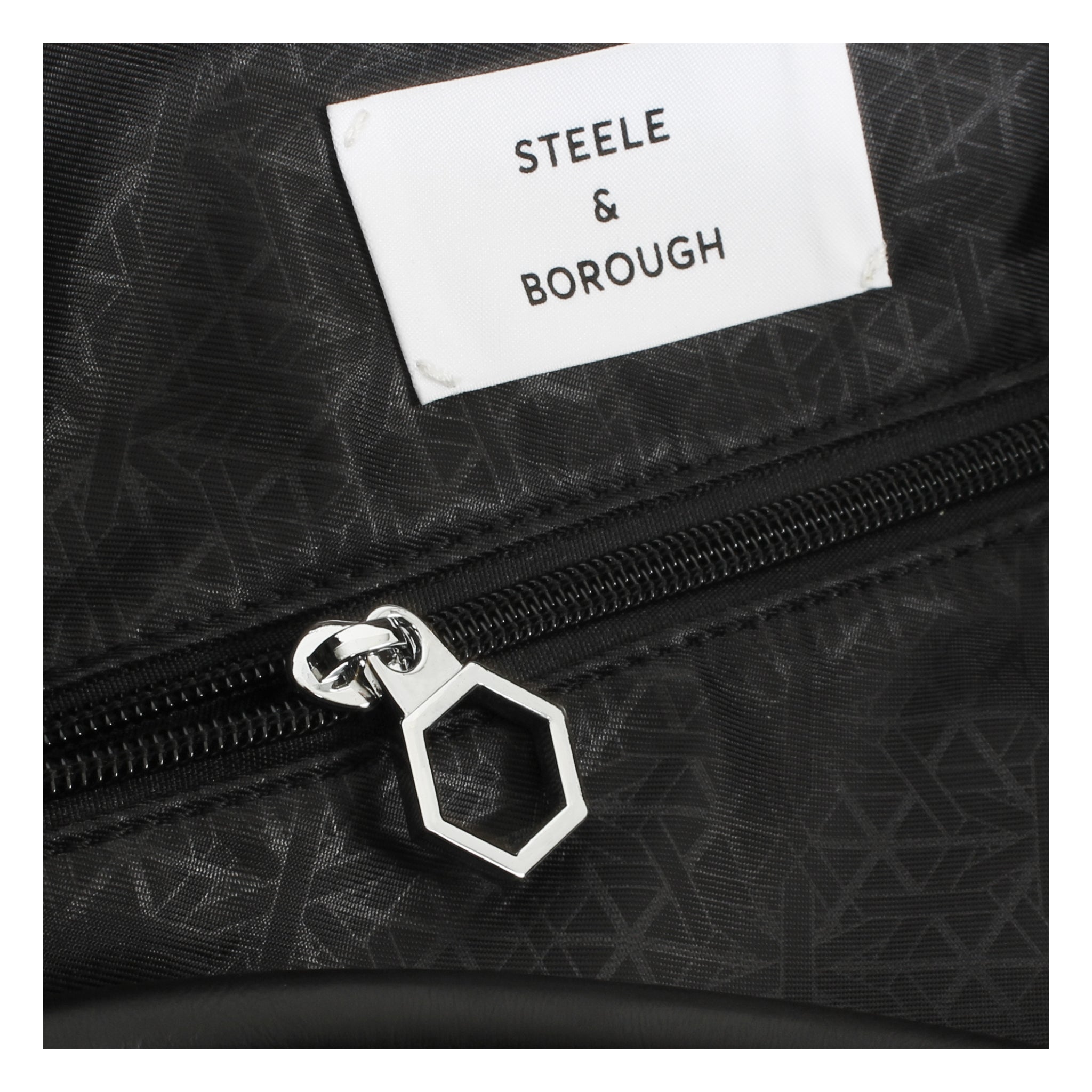 Close-up of the black Weekend Bag's zipper detail, featuring the branded pull and durable stitching.